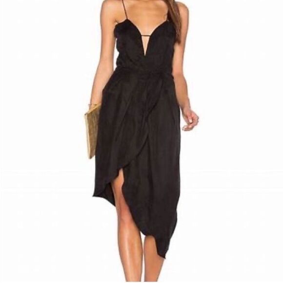 REVOLVE Elliatt Bare Tulip Dress Plunge Midi Black asymmetrical Strappy Silky xs - Picture 1 of 13
